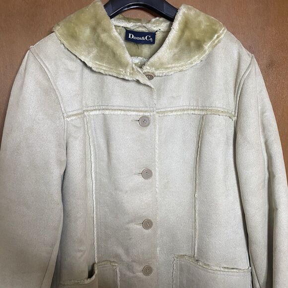 Vintage DENIM & CO Coat Faux Suede Fur Shawl Collar Pockets Button Women M Beige - Picture 3 of 11